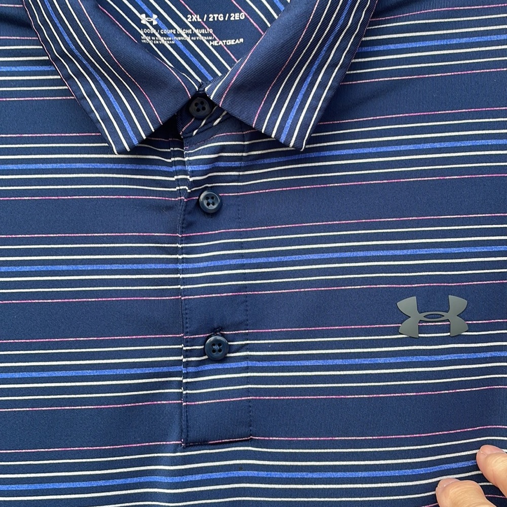 Under Armor Polo Blue Stripe Collared Size 2XL Loose Fit Heatgear - Picture 4 of 5